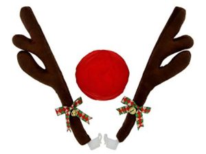 JUST BRIGHT Reindeer Antlers and Nose Rudolph Car Kit - Easy to Install Christmas Decorations for Car Window & Grill - Reindeer Car Kit with Jingle Bells and Plush Red Nose to Decorate Any Vehicle