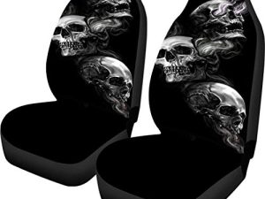 Buybai Car Seat Covers Set Universal Flat Fabric Car Seat Cover Skull Print Automatic Seat Protector Fit SUV Truck Van (Black)