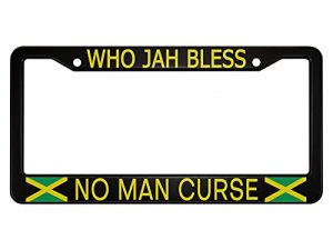 oFloral Who Jah Bless No Man Curse Aluminum Alloy License Plate Frame Jamaican Flag Green Black Yellow Color Applicable to US Standard Car Metal Front Car Tag Frame Cover Holder for Women Men(1 Pack)
