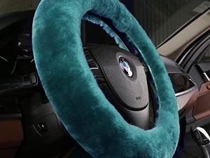 Soft Fluffy Sheepskin Car Steering Wheel Cover for Universal Auto Vehicle Women Man 14 1/2 inch-15 1/2inch Fuzzy Accessories (Alpine Green)
