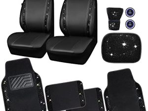 CAR PASS Bling Rhinestone Diamonds Car Seat Covers Leather&Shining Diamond Car Floor mats Carpet with Anti-Slip Nibs&Bling Car Accessories Sets(Black Glitter Crystal Diamond Combo Set)