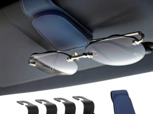AOKJOY Sunglasses Holders for Car Sun Visor Magnetic Leather Glasses Eyeglass Hanger Clip for Car Ticket Card Clip Eyeglasses Mount Car Visor Accessories Car Seat Headrest Hook(Blue)