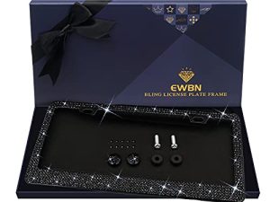 Bling Rhinestone License Plate Frame for Women，Diamond Sparkly License Plate Frames| Stainless Steel Frames & Over 1200 pcs Finest 14 Facets Black Glass Crystals Premium Diamond+GiftBox(Black)