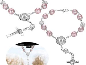 Saint Benedict Car Rosary 2 Pcs Rearview Mirror Auto Rosary Hanging Personalized Car Cross Blessing Catholic Car Medal for Truck Bike Motorcycle Car Mirror Hanging Accessories Decors (Pink)