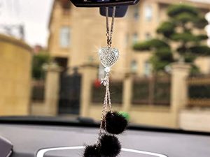 SUNCARACCL Bling Car Accessories for Women ＆ Men Bling White Love Heart and Black Plush Ball Bling Rinestones Diamond Car Accessories Crystal Car Rear View Mirror Charms