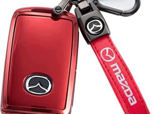 Smart Key Fob Case Cover Protector with Leather Key Holder Compatible with 2019-2022 Mazda 3