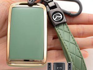 Saimui Smart Key Fob Case Cover Protector with Leather Key Holder Compatible with 2019-2022 Mazda 3