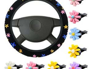 Cute Flower Car Accessories Set for Women Girls Embroidery Floral Steering Wheel Cover for Universal Fit 14.5-15 Inch with 8 Pcs Colorful Daisy Car Air Vent Clips Automotive Car Interior Decorations