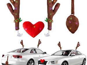 Zento Christmas Car Reindeer Antlers Nose and Tail with Lights GA90 – Festive Christmas Rudolph Car Decorations - Auto Holiday Light Up Accessories Set Antlers with Ringing Bells