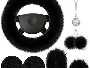 Frienda 6 Pieces Fluffy Car Accessories Set Fluffy Steering Wheel Cover Soft Fuzz Handbrake Cover Gear Shift Cover Bling Car Mirror Fuzz Car Decoration 2 Pieces Bling Car Mat (Black