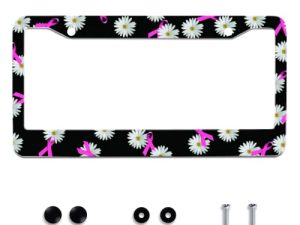 Personalise Breast Cancer Pink Ribbon Daisy License Plate Frames License Plate Frame Car Universal Aluminum Accessories Cars Decor with 2 Holes and Screw Fits Standard US Vehicles Size: 12.2 x 6 Inch