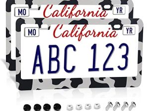 Cow Print License Plate Frame，Cow License Plate Frames，Cow Print Car Accessories Cow Tag Frames Cover Holder Aluminum Metal Front Rear White Black Spot Decorative 2 Pack 2Holes for Women