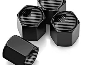 Black and White American USA Flag Tire Valve Caps (4-Pack) Universal Stem Covers for Cars