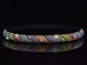 Leather Sparkle Crystal Rhinestones Steering Wheel Cover for Women Girls with Bling Bling Diamond ，Fit 15 Inch Car Wheel Protector Anti Slip Accessories (Iridescent)