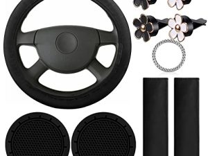 10 Pcs Leather Steering Wheel Cover for Women Cute Car Accessories Set with Seat Belt Shoulder Pads Seatbelt Covers Cup Holders Bling Start Button Ring Sticker Air Vent Clip Car Accessories (Black)