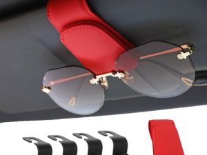 AOKJOY Sunglasses Holders for Car Sun Visor Magnetic Leather Glasses Eyeglass Hanger Clip for Car Ticket Card Clip Eyeglasses Mount Car Visor Accessories Car Seat Headrest Hook(red)