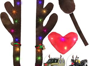 Christmas Car Antlers Decorations Set --2022 Reindeer Antlers car Decor Include 2pcs Antlers and red Nose with LED Lights and Reindeer Tail