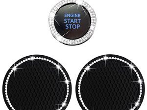 2 Car Cup Holder Coaster and 1 Crystal Rhinestone Car Engine Push Start Stop Decoration Bling Ring