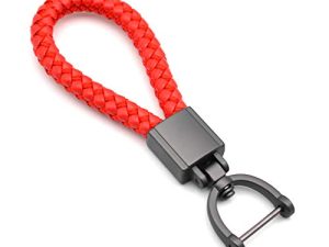 Universal Red Leather Car Fob Keychain Metal Keyring Woven Strap Braided Rope Key Chain for Men and Women - Matte Black Color