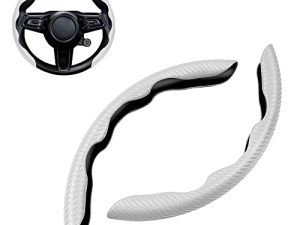 Cartist Carbon Fiber Steering Wheel Cover for Women Men Sporty Wheel Protector Anti Skid Soft Leather Universal for 14 15 16 inch Car Steering Wheel(White)