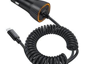 32W iPhone Car Charger - UNBREAKcable [PD 20W Quick Charge] [Apple MFI C94 Certified] Phone Cigarette Lighter with Built-in Coiled Lightning Cable for Apple iPhone 14/13/12/11/Xs/XS Max/XR/X/8