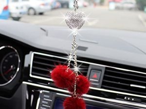 SUNCARACCL Bling Car Accessories for Women ＆ Men Bling White Love Heart and Burgundy Plush Ball Bling Rinestones Diamond Car Accessories Crystal Car Rear View Mirror Charms