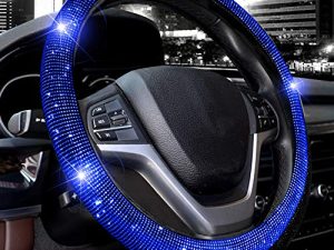 Valleycomfy Steering Wheel Cover for Women Men Bling Bling Crystal Diamond Sparkling Car SUV Wheel Protector Universal Fit 15 Inch (Black with Blue Diamond