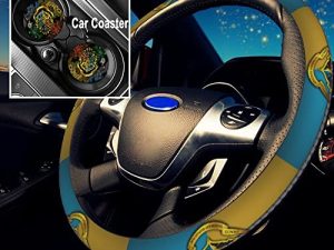 Ailidcopi Cute Cartoon Car Accessories – Steering Wheel Cover for Women with 2PCS Car Coasters – Car Steering Wheel Cover for Universal Fit 15 Inch for Men– Yellow