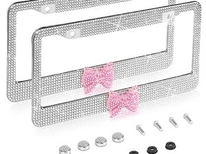2 Pack Bling License Plate Frame，Handcrafted Bling Rhinestone Premium Stainless Steel License Plate Frame，14 Facets Clear Color Rhinestone Crystal (Silver&Pink-Bow)