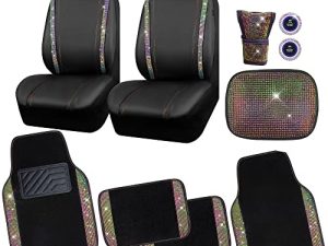 CAR PASS Bling Rhinestone Diamonds Car Seat Covers Leather&Shining Diamond Car Floor mats Carpet with Anti-Slip Nibs&Bling Car Accessories Sets(Multicolor Glitter Crystal Diamond Combo Set)