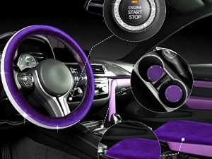 5 Pieces Bling Car Accessories Set Crystal Diamond Car Steering Wheel Cover Faux Fur Auto Center Console Pad Cup Insert Holders Rhinestone Ring Sticker for Car Decor (Purple)
