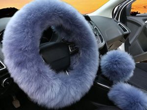 3Pcs Set Womens Winter Fashion Wool Fur Soft Furry Steering Wheel Covers Gray Blue Fluffy Handbrake Cover Gear Shift Cover Fuzz Warm Non-slip Car Decoration Long Hair
