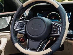 ZATOOTO Car Steering Wheel Cover - Beige Black Microfiber Leather Auto Sport Universal 15 inch for Family Women Men Interior Accessories