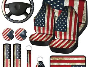 15 PCS Patriotic American Flag Wood Deer Skull Camo Car Accessories Set 4th of July Car Steering Wheel Cover Thickened Car Seat Covers Keyring Car Coaste Seat Belt Pad(Flag Style)