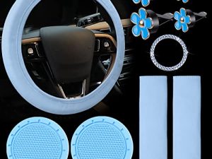 10 Pcs Leather Steering Wheel Cover for Women Cute Car Accessories Set with Seat Belt Shoulder Pads Seatbelt Covers Cup Holders Bling Start Button Ring Sticker Air Vent Clip Car Accessories(Blue)