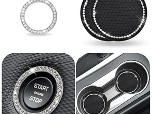 EcoNour Bling Cup Holder Coasters for Car (2 Pack) | Car Push Start Button Bling (1 Pack) | Unique Crystal Rhinestone Bling Car Accessories for Women Suits for Most Cars