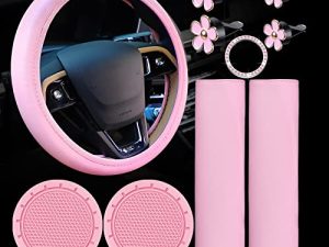 10 Pcs Leather Steering Wheel Cover for Women Cute Car Accessories Set with Seat Belt Shoulder Pads Seatbelt Covers Cup Holders Bling Start Button Ring Sticker Air Vent Clip Car Accessories(Pink)