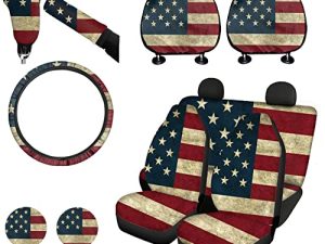 XYZCANDO American Flag Car Seat Cover Set with Car Gear Shift Knob Cover Stable Handbrake Cover Set/Car Headrest Protector Cover15 Steering Wheel Cover/Car Cup Coaster Pad Full Set 11 PCS
