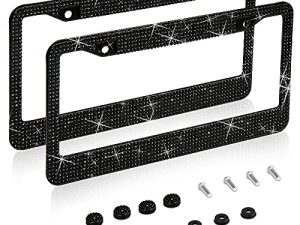 2 Pack Bling License Plate Frame，Handcrafted Bling Rhinestone Premium Stainless Steel License Plate Frame，14 Facets Clear Color Rhinestone Crystal (Black)
