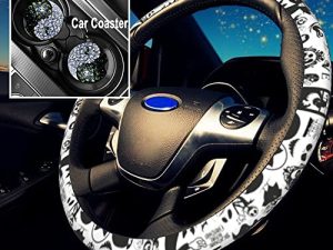 Ailidcopi Christmas Cartoon Car Accessories – Steering Wheel Cover for Women with 2PCS Car Coasters – Car Steering Wheel Cover for Universal Fit 15 Inch for Men– Black White