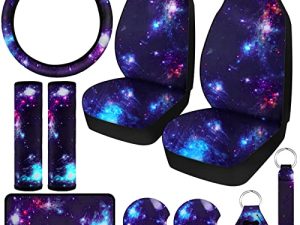 10 Pcs Galaxy Car Seat Covers Set Car Steering Wheel Cover Front Seat Covers Cup Holder Keyring Armrest Pad Seat Belt Pads Wrist Strap Print Car Decor Accessories for Vehicle Car (Starry Sky Style)
