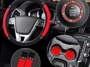 6 Pieces Steering Wheel Cover for Women Diamond Leather Car Seat Belt Shoulder Pads Cup Holder Insert Coasters Rhinestone Ring Sticker Emblem with Crystal Rhinestones Car Decoration (Red)