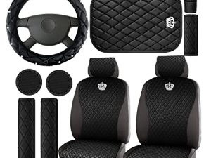 Pink Car Accessories Set Car Seat Covers Full Set Steering Wheel Cover Headrest Cover Center Console Pad Cup Cup Holders Seat Belt Pads Gear Cover for Women Girl Car Interior Decor (Diamond Front Set)