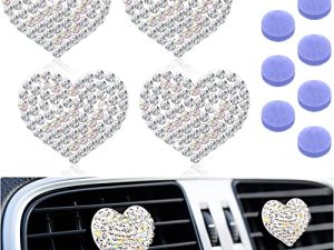 4 Pieces Crystal Air Vent Clips Charms Car Vent Air Fresheners Rhinestone Oil Diffuser Vent Clip Car Fesheners for Women Heart Car Scents Bling Car Interior Accessories for Women