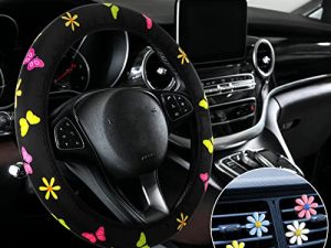 Cute Steering Wheel Cover Flower Steering Wheel Cover Floral Steering Wheel Cover for Girls with 4 Pieces Cute Flowers Car Air Vent Clips for Women Girls Car Decorations (Butterfly Style)