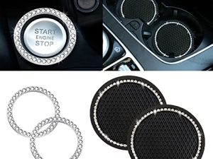 2pcs Black Car Coasters & 2pcs Push to Start Button Cover Ring Sets Sparkly Cute Car Accessories for Women Interior 2.75 inch Anti-Slip Shockproof Holder Insert Coasters for Women