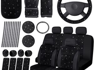 34 Pieces Bling Velvet Fabric Car Seat Covers Full Set Black Bling Car Accessories for Women