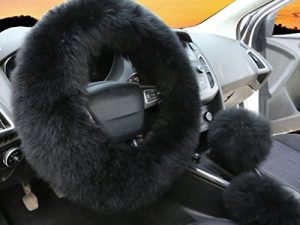 3Pcs Set Womens Winter Fashion Wool Fur Soft Furry Steering Wheel Covers Black Fluffy Handbrake Cover Gear Shift Cover Fuzz Warm Non-slip Car Decoration Long Hair