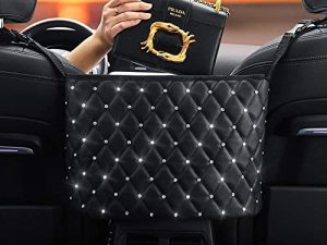 Maylai Purse Holder for Car Durable Pu Leather Car Net Pocket Car Seat Storage Net Handbag Driver Storage Netting Pouch Seat Back Net Bag Backseat Pet Kids Barrier (Black with Diamond)