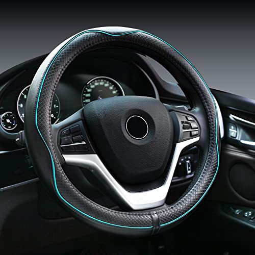 Rueesh Microfiber Leather Steering Wheel Cover Anti-Slip Matte Finish Auto Car Wheel Cover Universal 15 Inch Wheel Cover for Car Embossing Pattern (Light Blue Line) Rueesh Microfiber Leather Steering Wheel Cover Anti-Slip Matte Finish Auto Car Wheel Cover Universal 15 Inch Wheel Cover for Car Embossing Pattern (Light Blue Line)